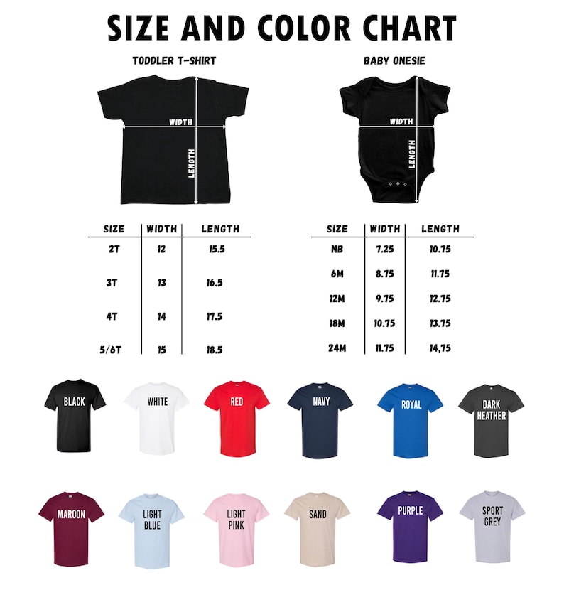 K&ouml;nnte beinhalten: Eine Gr&ouml;&szlig;en- und Farbtabelle f&uuml;r T-Shirts f&uuml;r Kleinkinder und Baby-Bodys. Die Tabelle enth&auml;lt Gr&ouml;&szlig;en-, Breiten- und L&auml;ngenmessungen in Zentimetern f&uuml;r jede Gr&ouml;&szlig;e. Farboptionen sind Schwarz, Wei&szlig;, Rot, Marine, Royal, Dunkelgrau, Bordeaux, Hellblau, Hellrosa, Sand, Lila und Sportgrau.