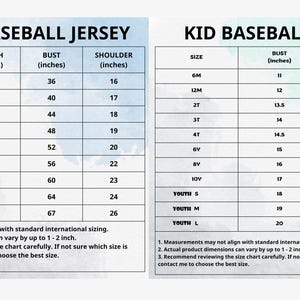 Puede incluir: Tablas de tallas para camisetas de b&eacute;isbol para adultos y ni&ntilde;os. La tabla para adultos incluye tallas de la S a la 6XL, con medidas en pulgadas para largo, pecho y hombros. La tabla para ni&ntilde;os enumera tallas de 6M a Youth L.