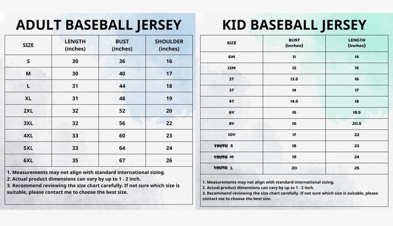 Puede incluir: Tablas de tallas para camisetas de b&eacute;isbol para adultos y ni&ntilde;os. La tabla para adultos incluye tallas de la S a la 6XL, con medidas en pulgadas para largo, pecho y hombros. La tabla para ni&ntilde;os enumera tallas de 6M a Youth L.