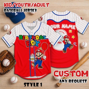 May include: Red and white baseball jersey with a Mario graphic. The jersey has the text "BIRTHDAY BOY" and "YOUR NAME" on the back. The jersey is styled with blue accents and pinstripes. A baseball cap, baseballs, a glove, and a bat are also in the image.