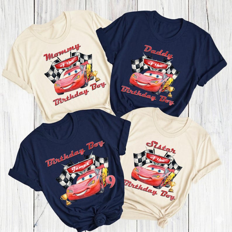 May include: Four t-shirts with a cartoon car design. The shirts are in cream and navy blue. Each shirt has text that says "Mommy of the Birthday Boy", "Daddy of the Birthday Boy", "Birthday Boy", and "Sister of the Birthday Boy".