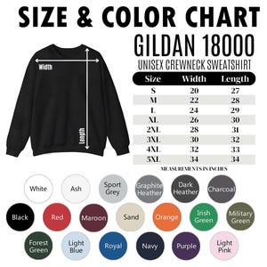 K&ouml;nnte beinhalten: Schwarzes Gildan 18000 Unisex-Crewneck-Sweatshirt mit Gr&ouml;&szlig;en- und Farbtabelle. Die Tabelle listet die Gr&ouml;&szlig;en S-5XL mit Ma&szlig;en in Zoll auf. Farboptionen sind Wei&szlig;, Schwarz, Rot und mehr.