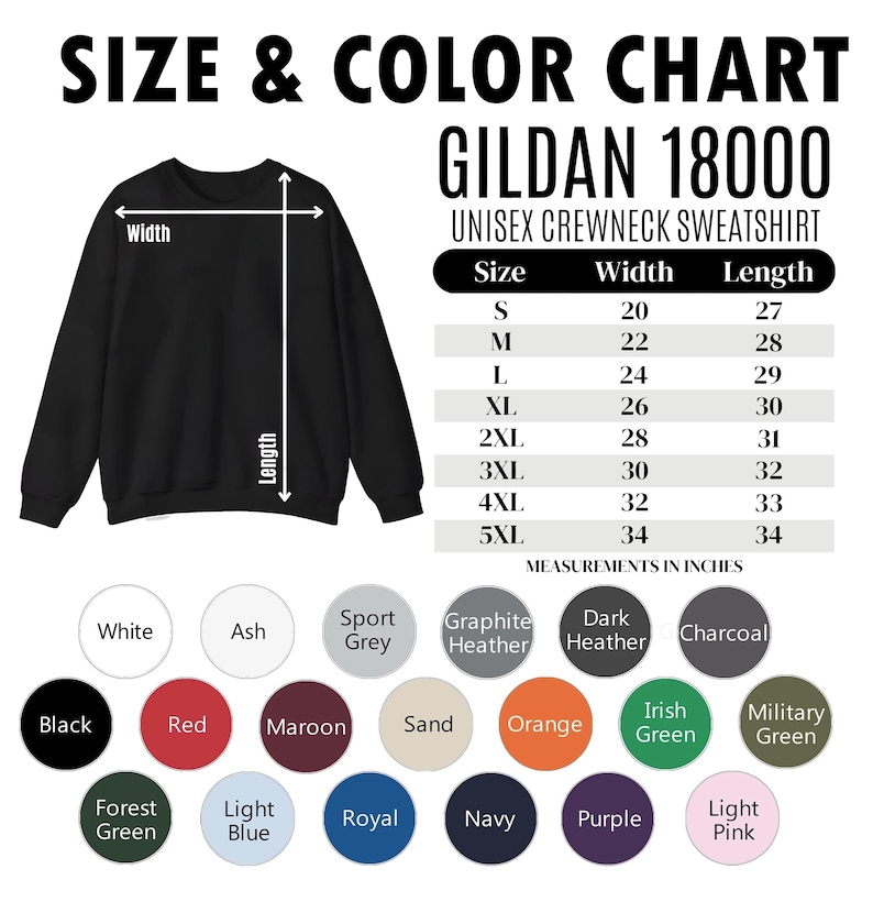 K&ouml;nnte beinhalten: Schwarzes Gildan 18000 Unisex-Crewneck-Sweatshirt mit Gr&ouml;&szlig;en- und Farbtabelle. Die Tabelle listet die Gr&ouml;&szlig;en S-5XL mit Ma&szlig;en in Zoll auf. Farboptionen sind Wei&szlig;, Schwarz, Rot und mehr.
