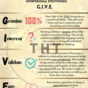 May include: A yellow and white infographic with the acronym G.I.V.E. in large black letters. The acronym stands for Genuine, Interest, Validate, and Easy Manner. Each word is accompanied by a graphic and a description of what it means in the context of Dialectical Behavioral Therapy (DBT).