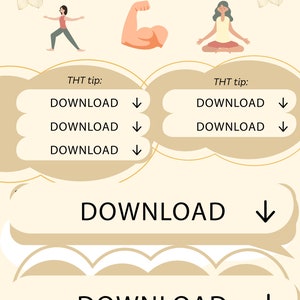 Op de afbeelding: Een grafiek met de tekst "THT" en "progressieve spierontspanning" op een beige achtergrond met illustraties van een persoon die yoga doet, een biceps en een persoon die mediteert. De tekst "THT tip:" verschijnt twee keer met het woord "DOWNLOAD" dat vier keer wordt herhaald, met een pijl naar beneden naast elk woord.