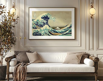 Stampa artistica giapponese Ukiyo-e d'epoca: Paesaggio marino tempestoso di Hokusai
