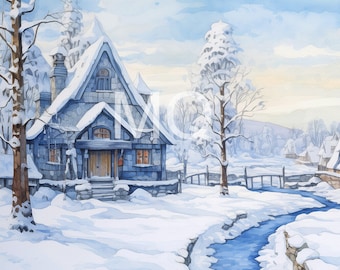 Vintage Winter Village Watercolor Painting: 4K Frame TV Art (Digital Download