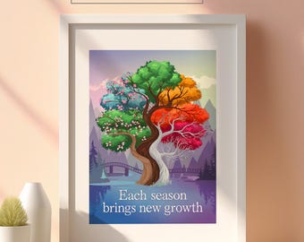 Stampa artistica con albero delle stagioni colorato: decorazione murale scandinava