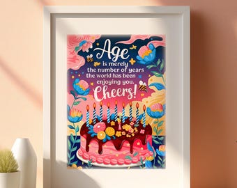 Stampa artistica di torta di compleanno Cheers: decorazione murale in stile scandinavo