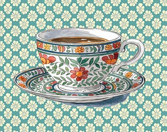 Stampa artistica di una tazza da caffè vintage: arredamento da cucina in stile cottagecore (download digitale)
