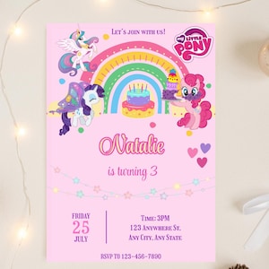 My Little Pony bewerkbare uitnodigingssjabloon, Pink Pony verjaardagsuitnodiging, mooie eenhoorn uitnodiging, Rainbow Party, canvas sjabloon
