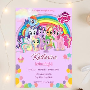 My Little Pony-uitnodigingssjabloon, bewerkbare Pony-verjaardagsuitnodiging, Rainbow Unicorn-uitnodiging, uitnodiging meisjesfeestje, canvassjabloon