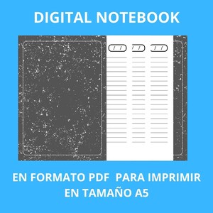 Puede incluir: Diseño de cuaderno digital con una cubierta gris oscuro y páginas rayadas. El texto "DIGITAL NOTEBOOK" está en la parte superior, con texto adicional en la parte inferior. El cuaderno está diseñado para imprimirse en tamaño A5.