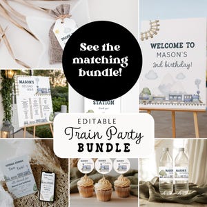 May include: A collection of party decorations with a train theme. Includes a welcome sign, invitation, cupcake toppers, water bottle labels, and a gift bag. The text "Train Party Bundle" is displayed prominently.