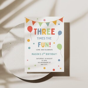 3rd Birthday Invite Three Times the Fun Third Birthday Invitation Digital Template image 1