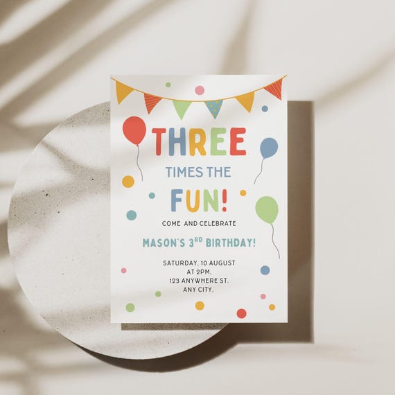 3rd Birthday Invite Three Times the Fun Third Birthday Invitation Digital Template