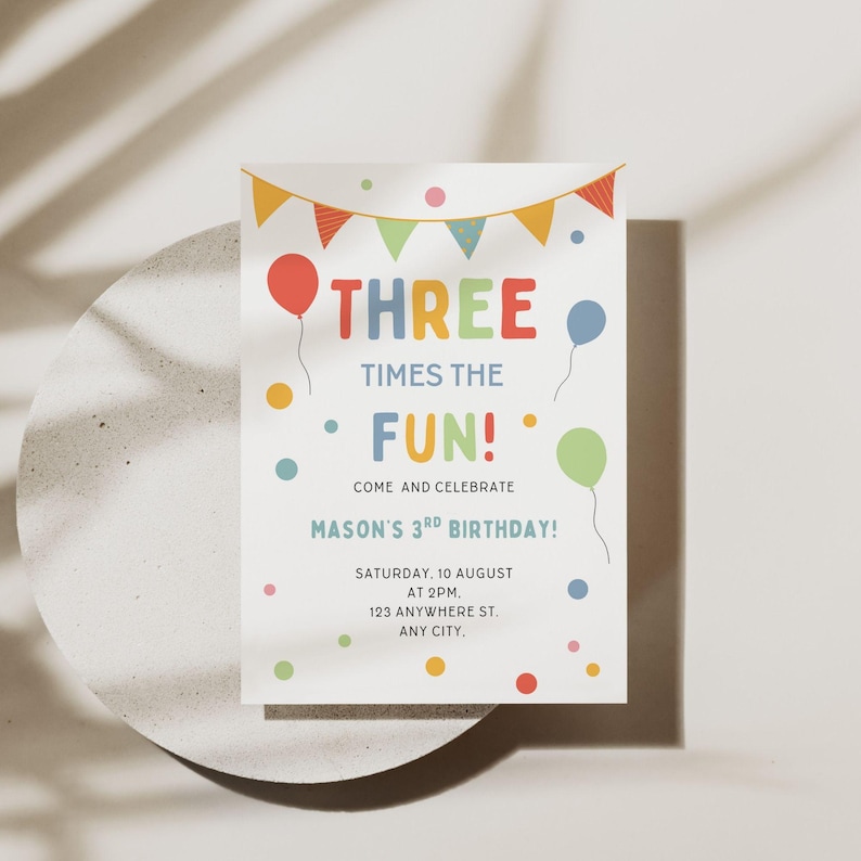 3rd Birthday Invite Three Times the Fun Third Birthday Invitation Digital Template image 1