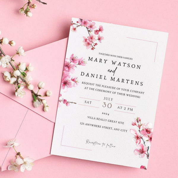 Suite de faire-part de mariage en fleurs de cerisier Faire-part de mariage cerisier Faire-part de mariage modifiable Faire réserver votre date d'invitation modifiable Canva