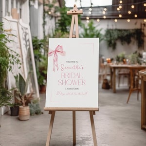 Coquette Bridal Shower Sign Pink Bow Bridal Shower Sign Coquette Signage Bridal Shower Welcome Sign Editable Sign Bachelorette Sign