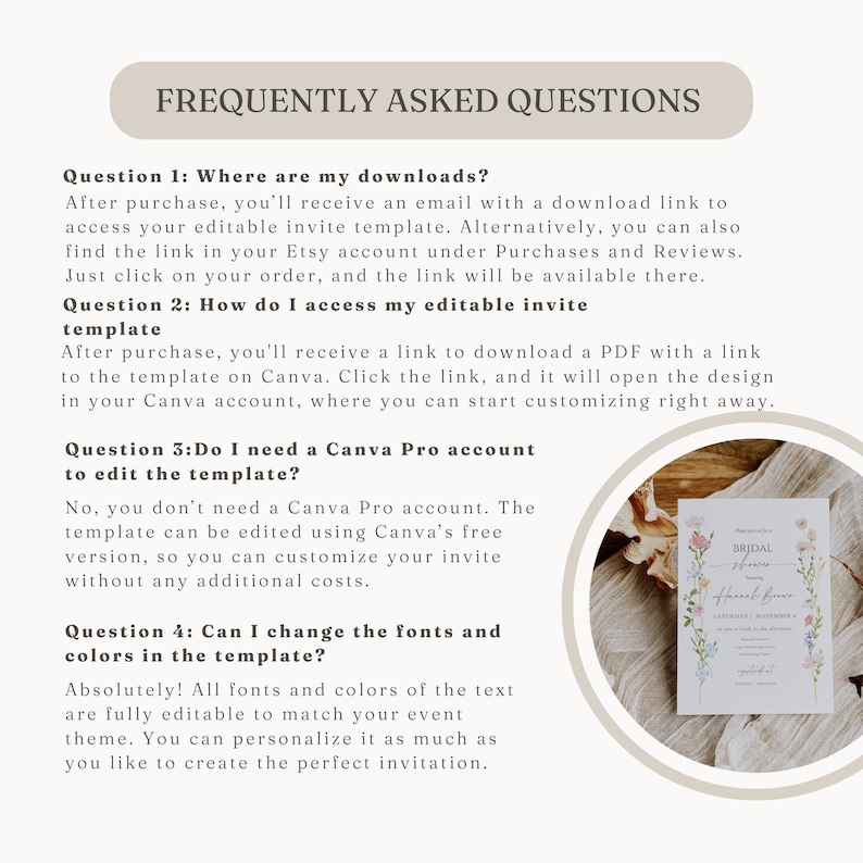May include: A beige graphic with the text "FREQUENTLY ASKED QUESTIONS" at the top. The text answers questions about accessing and editing an invitation template, including where to find downloads and if a Canva Pro account is needed. A floral invitation is in the lower right.