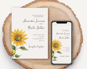 Modèle de faire-part de mariage tournesol Faire-part de mariage tournesol modifiable Faire-part de mariage tournesols Invitations modifiables à télécharger Canva