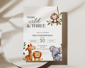 Young Wild and Three verjaardagsuitnodiging sjabloon bewerkbare aap uitnodiging driejarige verjaardag verjaardagsuitnodiging draaien 3 Invite