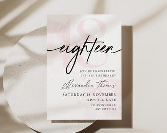 Editable 18th Birthday Invitation Elegant Eighteen Party Printable Invite Script Canva Template Digital Evite