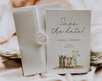 Plantilla editable de Canva para anunciar la fecha de tu boda en una granja: Botas vaqueras rústicas