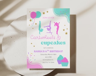 Tumbling Birthday Invitation Editable Girl Gymnastics Party Invite Cartwheels and Cupcakes Digital Printable Kids Tumbling Party Template