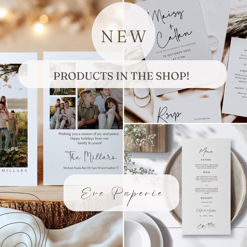 May include: A selection of stationery items, such as wedding invitations, RSVP cards, and menus. The image includes a family photo card and the text "NEW PRODUCTS IN THE SHOP!" in a circular design. The brand name "Eve Paperie" is also visible.