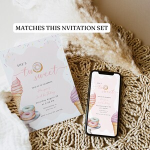 May include: A birthday invitation set in pink and white. The invitation reads "She's Two Sweet" and includes illustrations of ice cream cones and donuts. A smartphone shows a similar design.