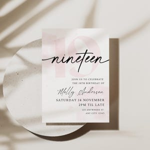 May include: A white invitation card with the word "nineteen" in a cursive font, and a large pink "19" in the background. The invitation is for Molly Anderson's 19th birthday, with the date, time, and address listed.