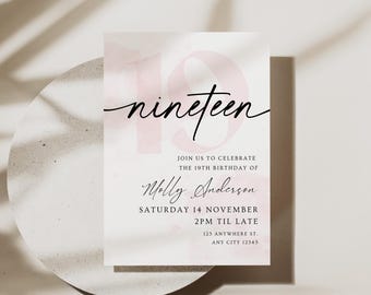 Editable 19th Birthday Invitation Elegant Nineteen Party Printable Invite Script Canva Template Digital Evite