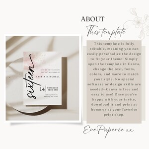 May include: A pink and white watercolor invitation with the text "sixteen" in black script. The invitation is for a 16th birthday party for Saskia Mitchell on November 14th from 5pm. The invitation is designed to be edited in Canva.
