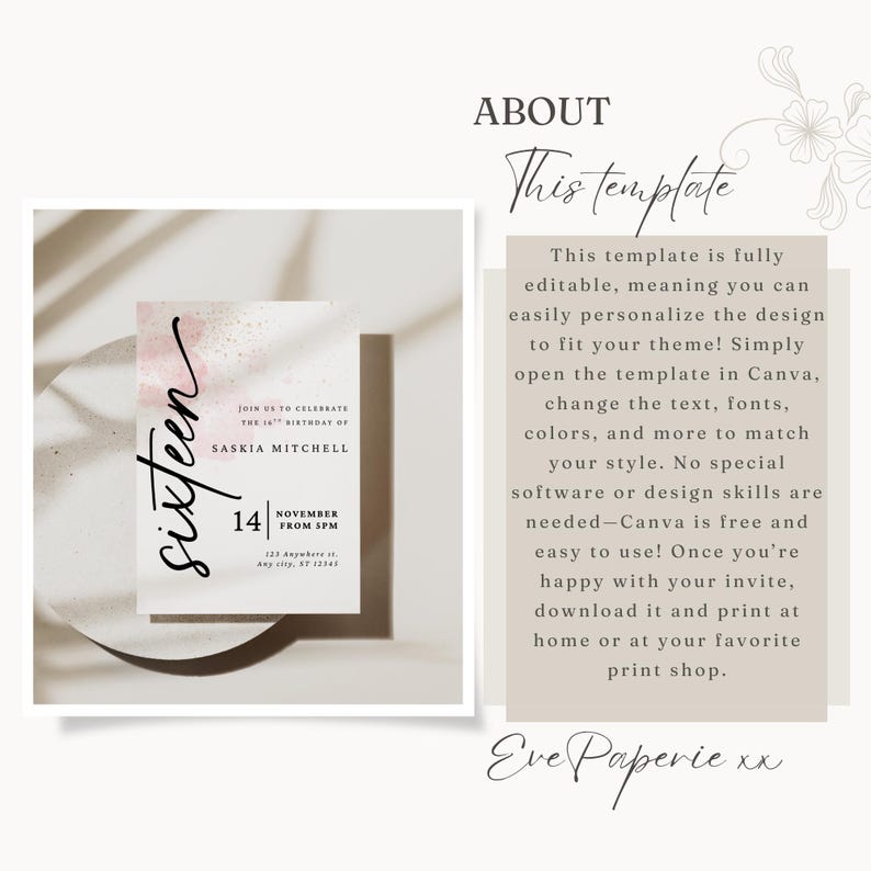 May include: A pink and white watercolor invitation with the text "sixteen" in black script. The invitation is for a 16th birthday party for Saskia Mitchell on November 14th from 5pm. The invitation is designed to be edited in Canva.