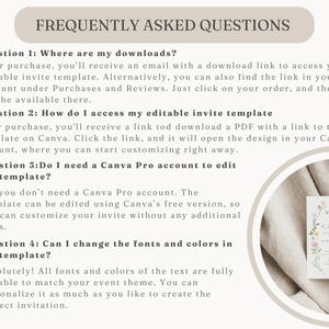 May include: A frequently asked questions page for an Etsy shop selling editable wedding invitation templates. The page features a white background with black text and a photo of a floral wedding invitation with the text "MAISY CALLAN" in a circle of flowers.
