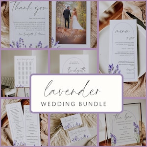 Puede incluir: Un conjunto de papelería de boda con temática de lavanda. Incluye tarjetas de agradecimiento, menús, tarjetas de mesa y un plano de asientos. El texto "lavender WEDDING BUNDLE" se muestra de forma destacada. Los diseños presentan ramitas de lavanda y fuentes elegantes.