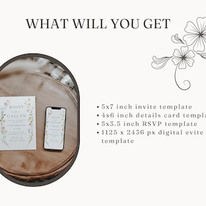 May include: A set of printable wedding invitation templates, including a 5x7 inch invitation, a 4x6 inch details card, a 5x3.5 inch RSVP card, and a 1125 x 2436 pixel digital evite template. The templates feature a floral design with watercolor flowers in shades of pink, blue, and green.