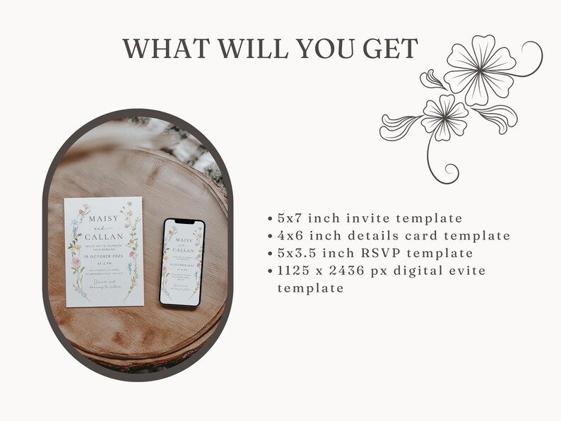 May include: A set of printable wedding invitation templates, including a 5x7 inch invitation, a 4x6 inch details card, a 5x3.5 inch RSVP card, and a 1125 x 2436 pixel digital evite template. The templates feature a floral design with watercolor flowers in shades of pink, blue, and green.