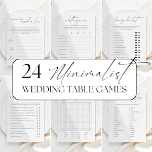 May include: A collection of minimalist wedding table games. The games include 'Two Truths and a Lie', 'Scattergories', and a 'Honey Do List'. The text '24 Minimalist Wedding Table Games' is displayed in a black font.