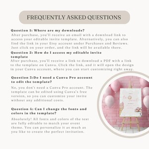 May include: A light beige graphic with the text "FREQUENTLY ASKED QUESTIONS" at the top. Below, four questions and answers about editable invite templates are listed. A sign with the words "two sweet" is on a wooden easel.