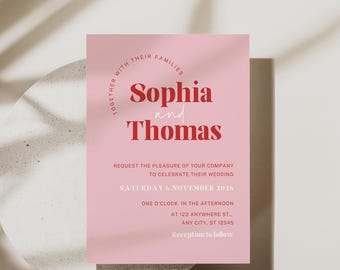 May include: A pink wedding invitation featuring the names "Sophia and Thomas" in red. The invitation includes the wedding date, time, and location, with the text "Reception to follow."
