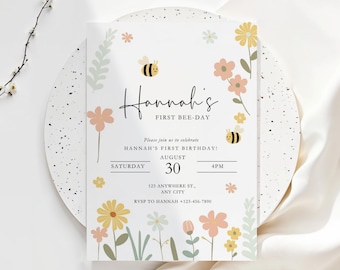 Bee First Birthday Invitation, Editable Template (Digital Download)