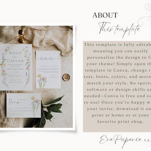 May include: A set of three wedding invitation cards with floral designs. The main card features a watercolor illustration of flowers and the text "Maisy and Callan". The second card has the text "details" and the third card has the text "RSVP".