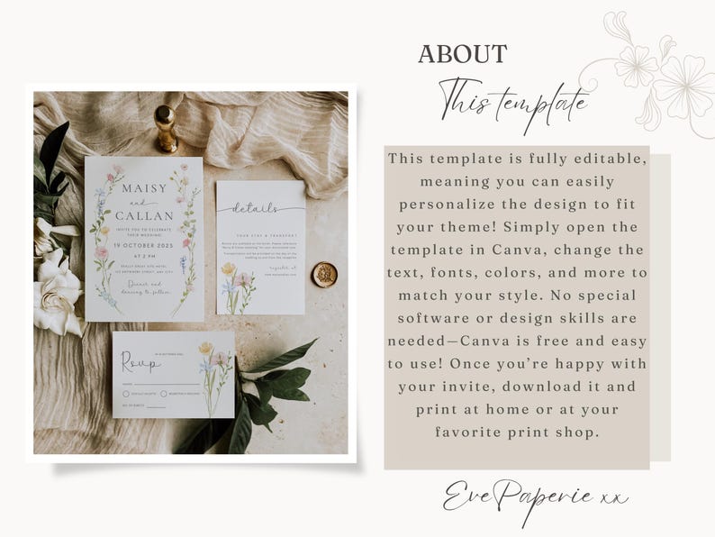 May include: A set of three wedding invitation cards with floral designs. The main card features a watercolor illustration of flowers and the text "Maisy and Callan". The second card has the text "details" and the third card has the text "RSVP".