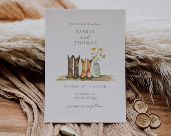 Editable Country Wedding Invitation Rustic Wedding Invitation Set Cowboy Boots Country Barn Wedding Template Printable Canva RSVP
