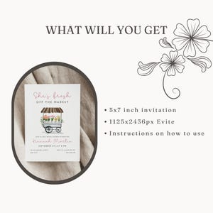 Peut inclure: Une invitation imprimable de 5x7 pouces pour une f&ecirc;te de mariage avec une illustration aquarelle d'un chariot &agrave; fleurs. Le texte indique "She's fresh off the market" et comprend le nom de la mari&eacute;e, la date et l'heure de l'&eacute;v&eacute;nement. L'invitation comprend &eacute;galement un Evite de 1125x2436 pixels et des instructions sur son utilisation.