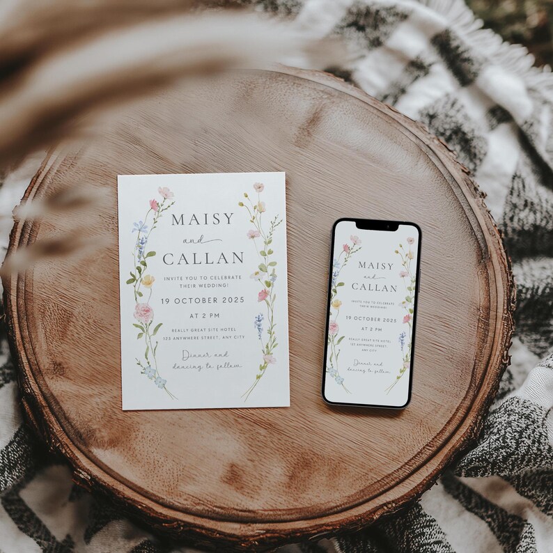 May include: A wedding invitation with floral accents and the text "Maisy and Callan Invite you to celebrate their wedding 19 October 2025 at 2 PM" and "Dinner and dancing to follow".