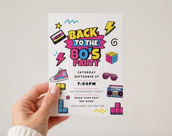 80s Party Invitation Template Editable Neon Invite Retro 80s Birthday Invitation Throwback Printable Digital Canva Decade Party Invite Set