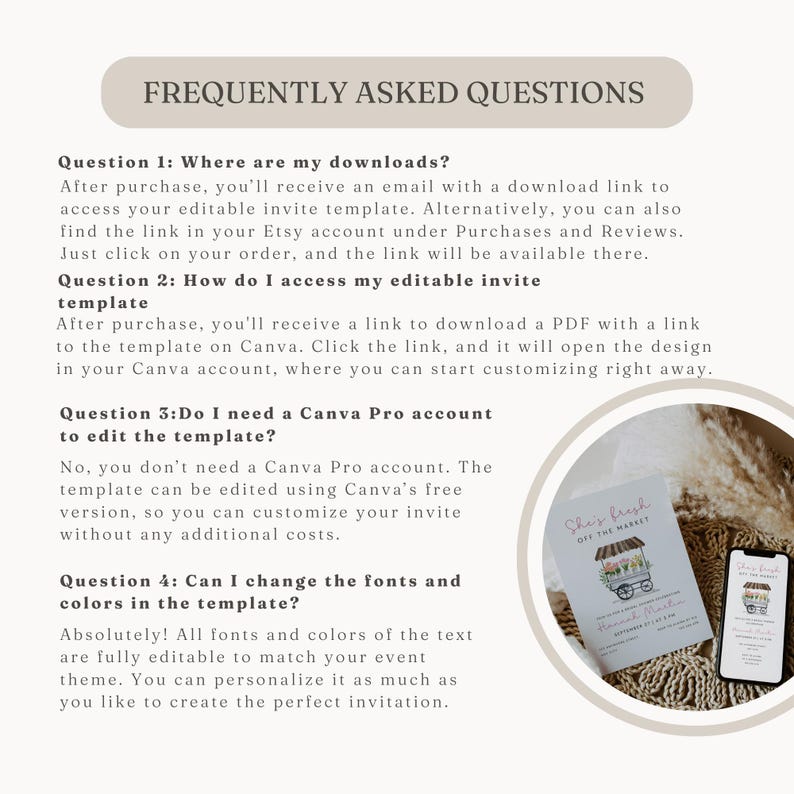 Peut inclure: Une page de questions fr&eacute;quemment pos&eacute;es pour une boutique Etsy vendant des invitations imprimables. La page comprend des informations sur le t&eacute;l&eacute;chargement des fichiers, la modification du mod&egrave;le et la personnalisation des polices et des couleurs. L'image montre &eacute;galement un aper&ccedil;u d'une invitation imprimable avec le texte "Shai's Fresh Off The Market".